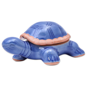 Novica Handmade Blue Turtle Celadon Ceramic Decorative Box