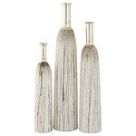 Elk Home - Coco Vase Set of 3 - The Coco Vases include three tall, narrow glass vases with a vertical etched line pattern. Each vase features a drippy, speckled brushstroke pattern in white and brown which moves vertically down the vase from the neck, which has a metal finish. Display these beautiful vases together for maximum impact. Cream Finish, Use to display fresh flowers, found objects and treasures, or display alone as modern sculpture Indoor use only.