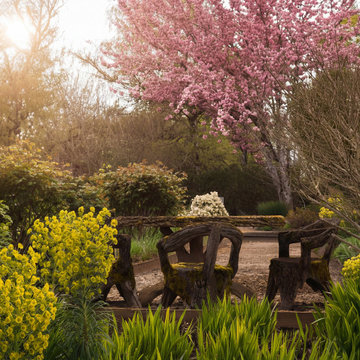 Rustic Spring Seating at Rosemound Farm with Blossoming Trees