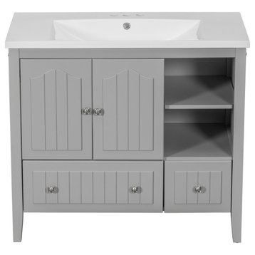 36" Bathroom Vanity with Ceramic Basin, Bathroom Storage Cabinet , Grey