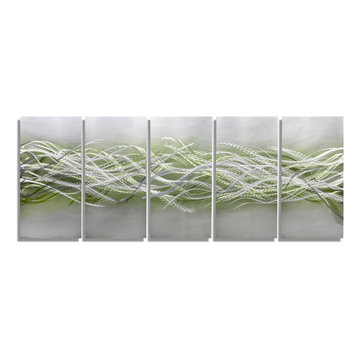 Blades of Spring - Modern Silver and Green Hand-Painted Abstract Metal Wall Art
