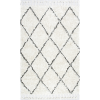 Nuloom Hand Knotted Geometric Diamond Wool Shag Rug, Natural 8'x10'