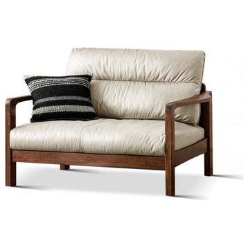 North American Black Walnut Solid Wood Light Luxury Leather Sofa, Leather Off-White Single Seat Sofa 36.5x35x36"