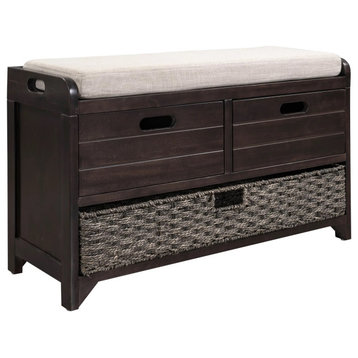 Rustic Storage Bench, Cushioned Seat With 2 Drawers & Lower Baskets, Espresso