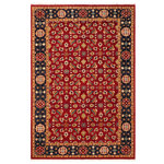 Bareens Designer Rugs - Bohemien Ziegler Gabriel Red Blue Hand-Knotted Wool Rug - 6'2'' x 9'0'' - Enhance the ambiance of your home with this magnificent Persian-influenced Turkish hand-knotted rug made by skilled artisans capable of creating the most exceptional vegetable dyes and hand-spun wool. This exquisite handmade rug is a one-of-a-kind Peshawar Kafkaz, otherwise identified as Chobi, Chobi Peshawar, Oushak, or Ziegler rug. These handmade rugs are crafted in Pakistan utilizing superior-quality wool imported from Australia, New Zealand, and Korea in two types of weaves: the Persian weave and the Mori weave. This rug is meticulously crafted by hand using the finest natural vegetable dyes extracted from local plants. The artisans use a blend of hand-spun local and fine merino wool, resulting in a rug with a compelling texture, higher lanolin content, and longer staple. The artisans occasionally incorporate natural or artificial silk into the pile to enhance specific motifs. The finished product is an awe-inspiring execution of flawless design and an understated palette that exudes elegance.