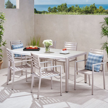 Coral Outdoor Modern 6 Seater Aluminum Dining Set With Glass Top, Gray/Silver