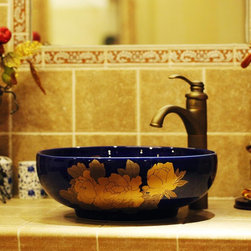 Painted Golden Peony Blue Ceramic Sink - Bathroom Sinks