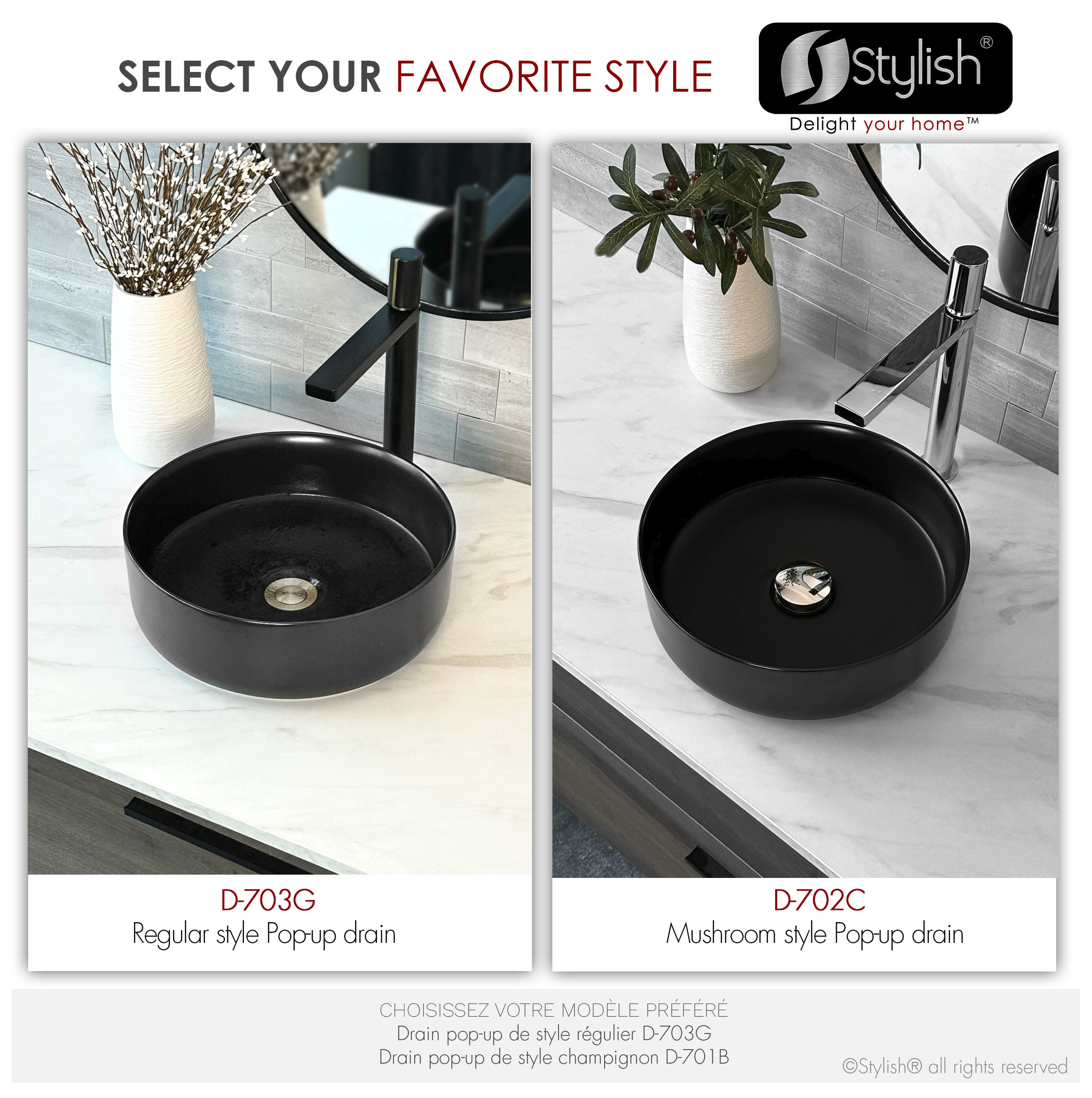 STYLISH Brushed Gold Standard Pop-Up Vessel Sink Drain with Overflow Set of 2