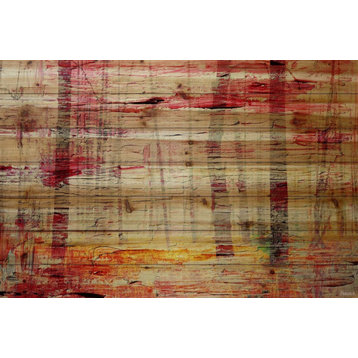 "Floating Red Water" Painting Print on Natural Pine Wood, 36"x24"