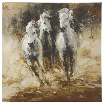 Benzara BM209370 Wrapped Canvas Wall Art With Hand Painted Horses, White/Brown