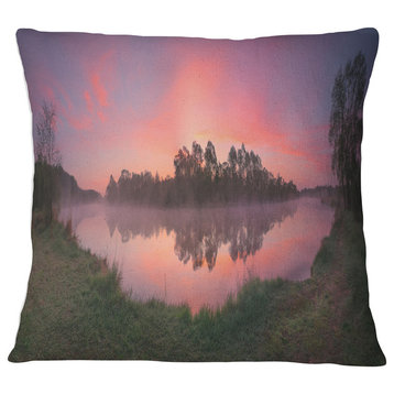 Purple Tinged Lake Sunrise View Landscape Printed Throw Pillow, 16"x16"