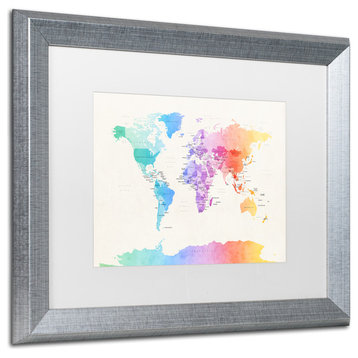 Michael Tompsett 'Watercolor Political World Map' Mat Framed Art, White, 20"x16"