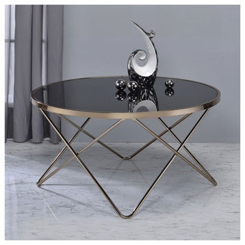 V Metal Frame Round Coffee Table, Black Glass