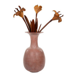 Large Carved Walnut Lily Flowers Tall Ceramic Vase C 1970s - Vases