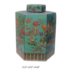 Vintage Chinese Hand Painted Turqouise Hexagon Jar - Decorative Objects And Figurines