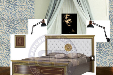 На фото: хозяйская спальня среднего размера в классическом стиле с синими стенами, темным паркетным полом и коричневым полом без камина с