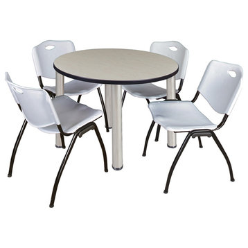 Kee 36 Round Breakroom Table- Maple/ Chrome & 4 'M' Stack Chairs- Grey