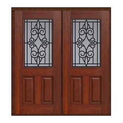 Prehung Double Door 80 Fiberglass Salento 2 Panel 1/2 Lite GBG Glass - Front Doors