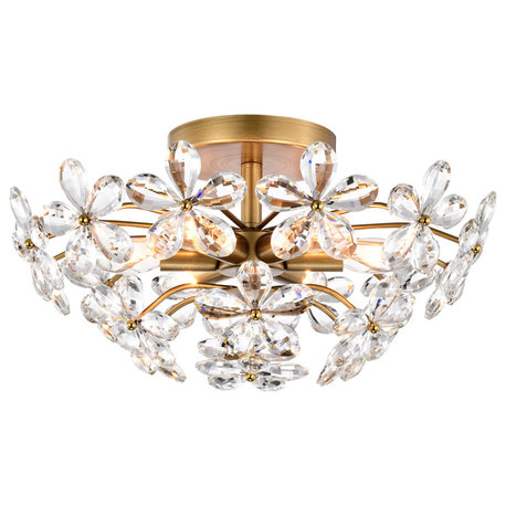 Grace 6-Light Crystal Glass Flower Flush Mount, Brushed Brass Finish