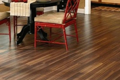 Kitchen/dining room combo - mid-sized dark wood floor kitchen/dining room combo idea in San Diego with beige walls