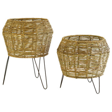 2-Piece Set Round Woven Seagrass Basket Metal Stand