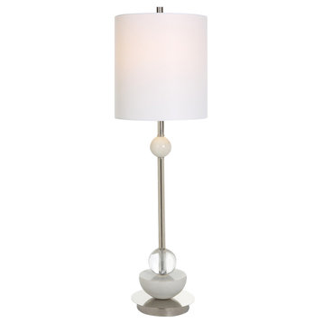Slim Polished Nickel Classic Contemporary Buffet Lamp 34 in White Marble Crystal