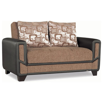 Modern Sleeper Loveseat, 2-Toned Design With Chenille Seat, 2 Pillows, Brown