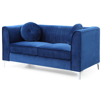 Delray 87 in. Velvet 2-Seater Sofa With 2-Throw Pillow, Navy Blue