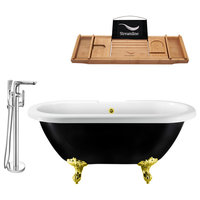 59" Clawfoot Black Tub, Faucet and Tray Set, Gold Feet, Gold External Drain