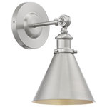 Savoy House - Glenn 1-Light Wall Sconce, Satin Nickel - Set a dramatic mood with the Glenn wall sconce. Whether you want the industrial-inspired chic of an old noir film or the simple serenity of a country homestead novel this fixture perfectly creates a classic scene right in your own home. The uncluttered details of the arm hardware and conical metal shade are an ideal fit for transitional modern vintage urban farmhouse industrial or loft-like decor styles. A high-quality brushed satin nickel finish looks terrific now and for years to come. The fixture is 7 wide by 12 high and holds a 60W E-style bulb. Plus it's adjustable: you can tilt the shade to place the light exactly where you want it. You'll love the way this sconce's subtle sophistication and streamlined casual style sets the stage in your living space.