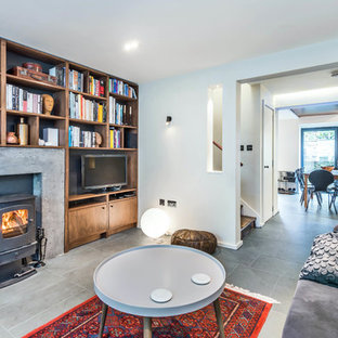 Design ideas for a contemporary walk-out basement in Edinburgh with slate flooring, a wood burning stove, a concrete fireplace surround and grey floors.