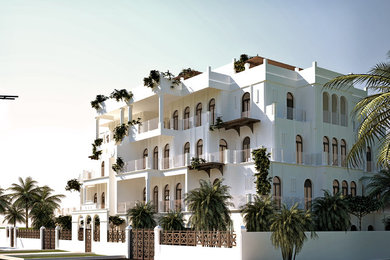 Esempio della facciata di un appartamento grande bianco moderno a tre piani con rivestimento in stucco e tetto piano