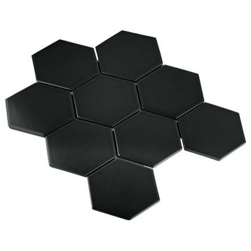 Gio Black Matte 4" Hexagon Porcelain Mosaic Tile, 11 Sheets