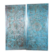 Consigned 2 Pcs Blue Distressed DOOR Panel Lotus Carving Barn Doors