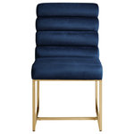 INSPIRED HOME - Inspired Home Maddyn Dining Chair, Velvet Navy/Gold - Blend a generous dose of luxury and style into your home with these modern armless dining chairs in a set of 2, tailored to inspire. Our trendy chairs are available in chrome or gold frames and in velvet or PU leather upholstery. These impressive pieces are sure to add elegance and sophistication to your dining room, kitchen, office, powder room, or makeup room. A perfect stand-alone piece or a lovely addition to any room. Modernize your home seating decor with rich channel tufted upholstery and a sleek stainless-steel frame for that glam style.
