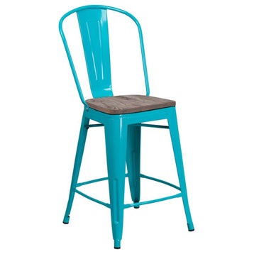 Flash Furniture 24" Metal Counter Stool in Crystal Teal and Wood Grain