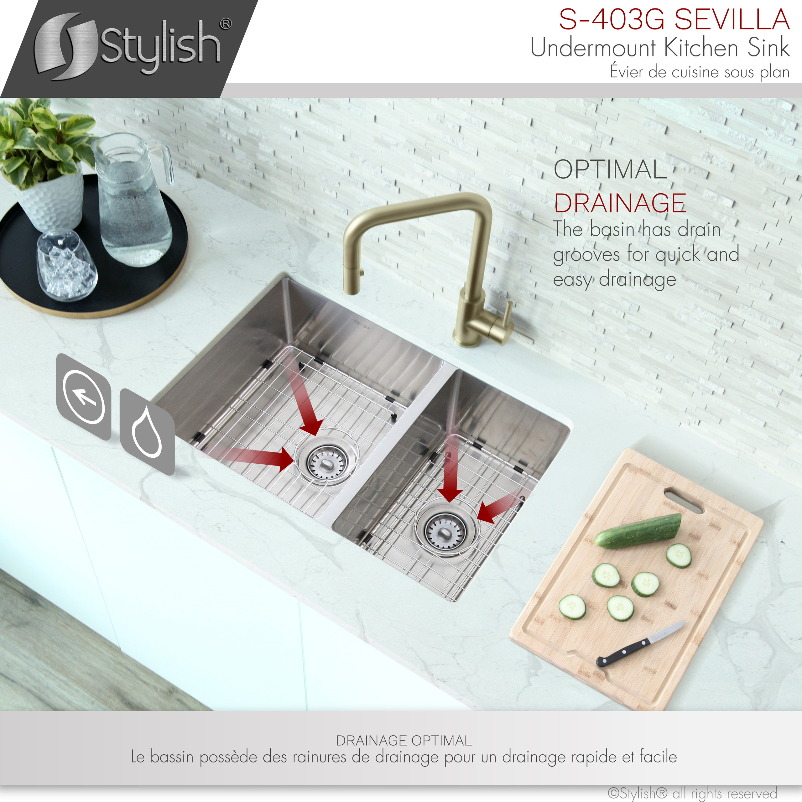 STYLISH 28" Double Bowl 60/40 Reversible Undermount Stainless Steel Kitchen SInk
