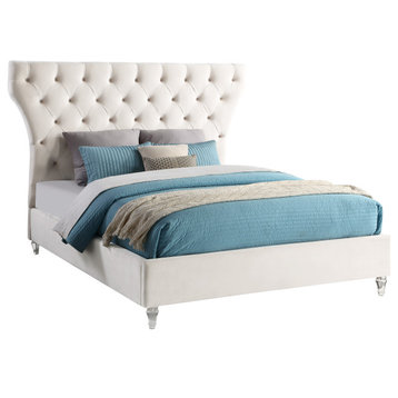 Kira Velvet Upholstered Bed, Cream, Queen