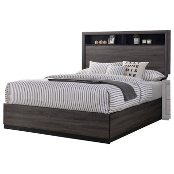 Benzara BM217467 Wooden Queen Size Platform Bed with Bookcase Headboard, Gray