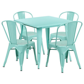 31.5" Square Mint Green Metal Indoor-Outdoor Table Set, 4 Stack Chairs