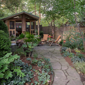 Shade perennials line line the path.