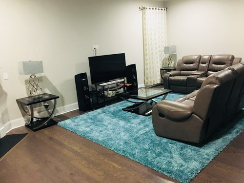 Living Room Decor With Grey Sofa And Blue Rug