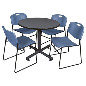 Kobe 42" Round Breakroom Table, Gray and 4 Zeng Stack Chairs, Blue