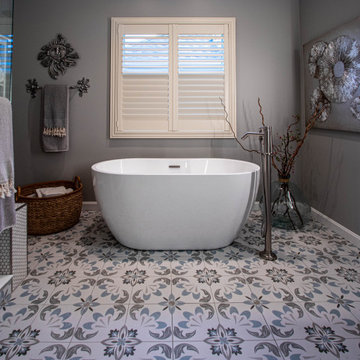Coastal Style Masterbath with Ceiling Height Tiled Shower and Free Standing Tub