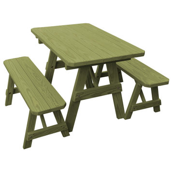 Pressure Treated Pine Picnic Table With 2 Benches, Linden Leaf Stain, 5 Foot, No Umbrella Hole