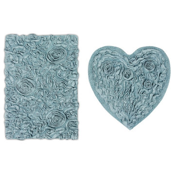 Bell Flower Collection Tufted Bath Rugs, 2-Piece Set With Heart, Blue