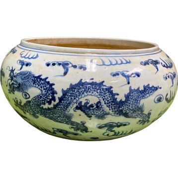 Bowl Dragon Shallow Blue White Ceramic Handmade Hand-Craf
