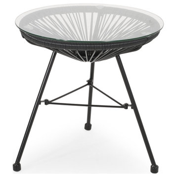 Norfolk Outdoor Faux Rattan Side Table With Tempered Glass Top, Black