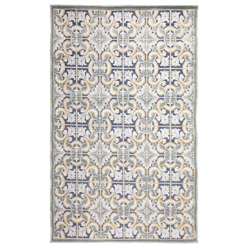 Canyon Floral Tile Indoor/Outdoor Rug, Navy, 7'8"square