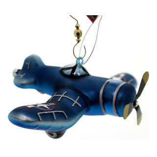 Holiday Ornaments BLUE FIGHTER PLANE Glass Military 12096